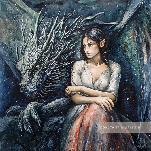 🐉❤️"Legends Beneath the Stars" - Watercolor and Ink Drawing (20x20")