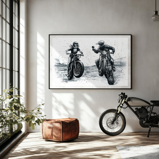 🏍️❤️"Racing Hearts" - Watercolor and Ink Drawing - Poster