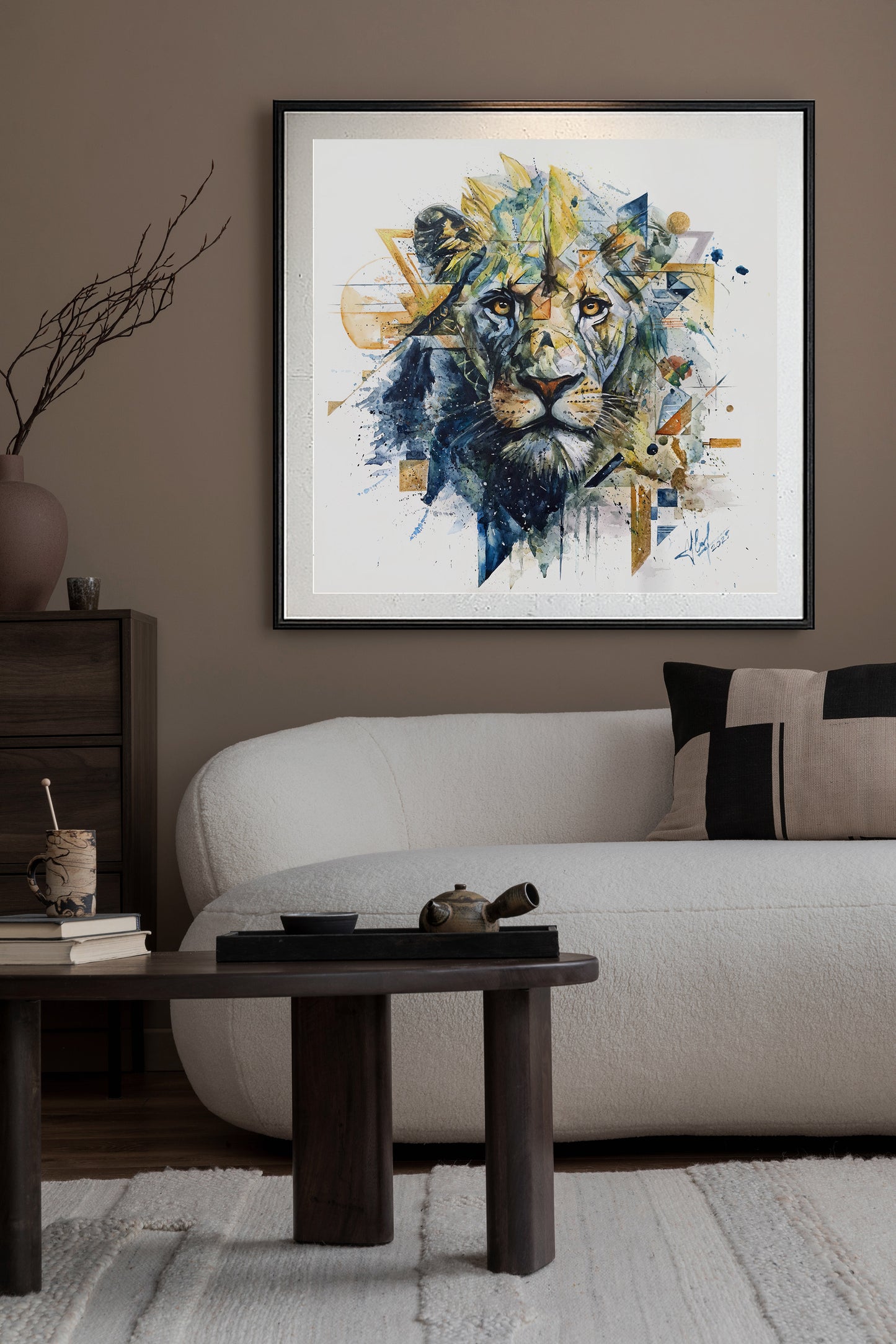 Original "PRIMORDIAL SUN / The Lion Awakens" - Watercolor Painting (20x20")