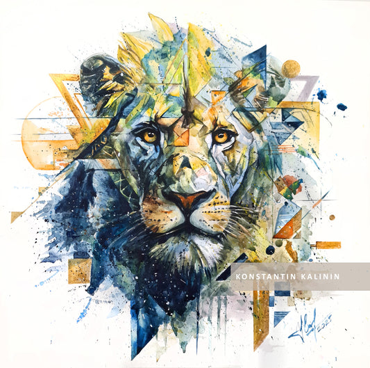 Original "PRIMORDIAL SUN / The Lion Awakens" - Watercolor Painting (20x20")