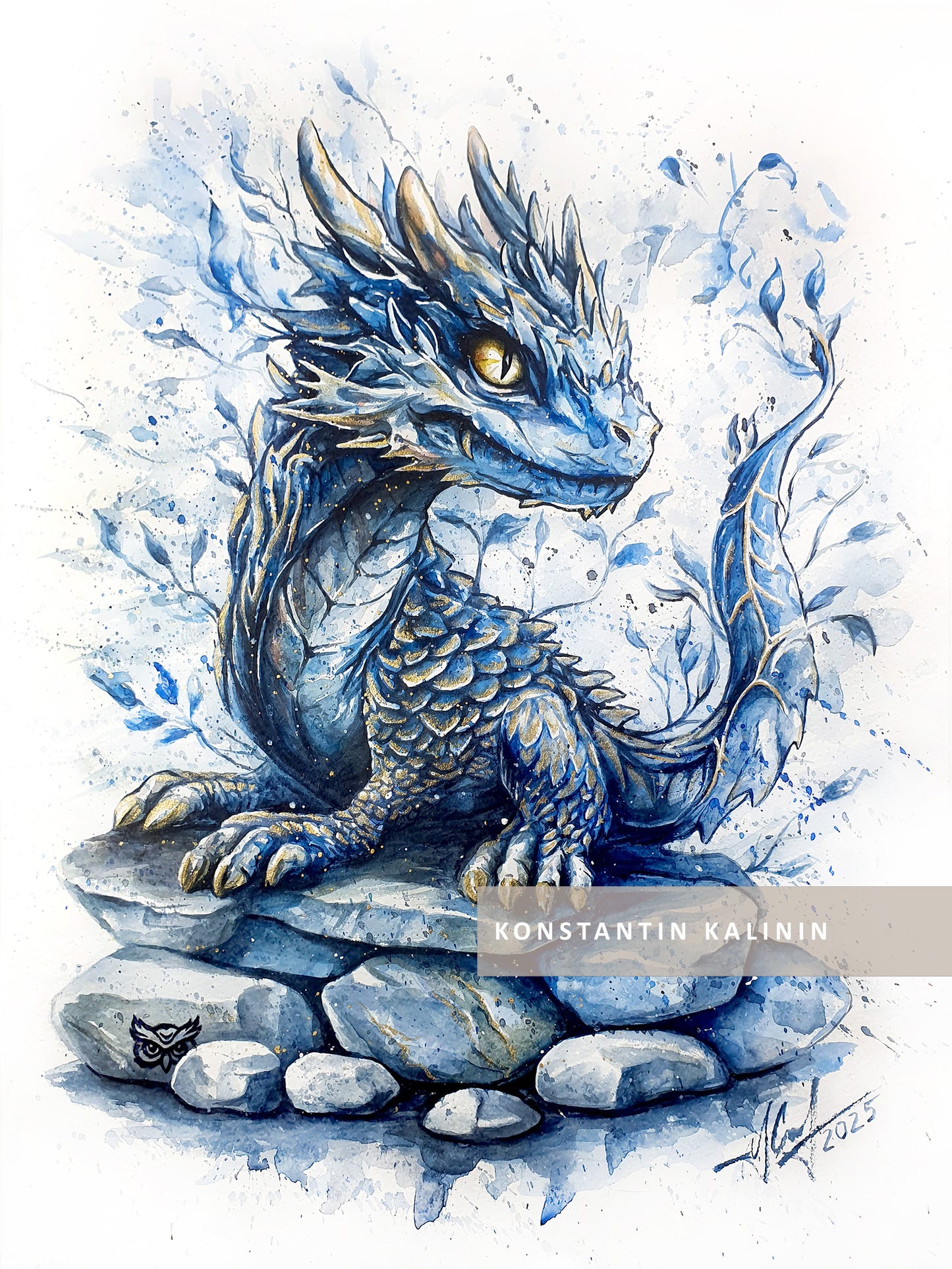 "Sapphire Dragonling" - Watercolor Painting (12x16")